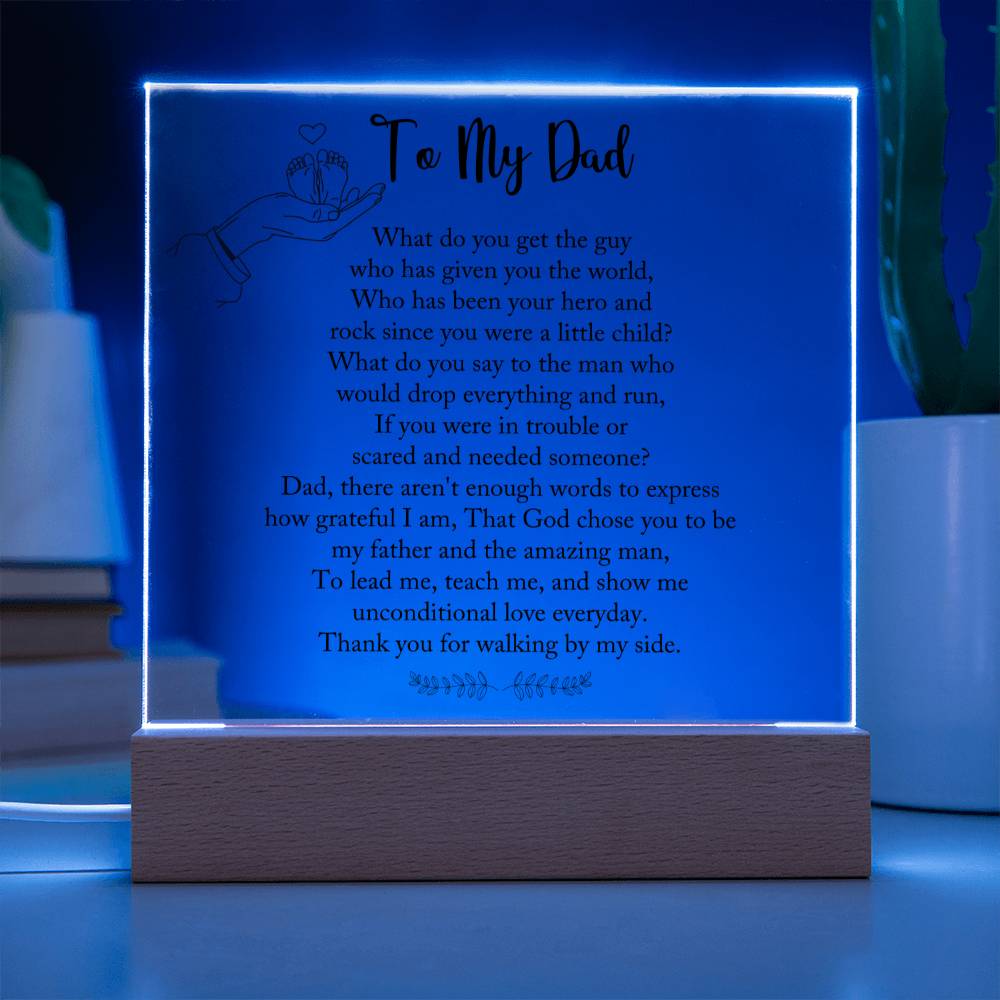 Dad gift from child with square acrylic plaque with wooden base with LED on