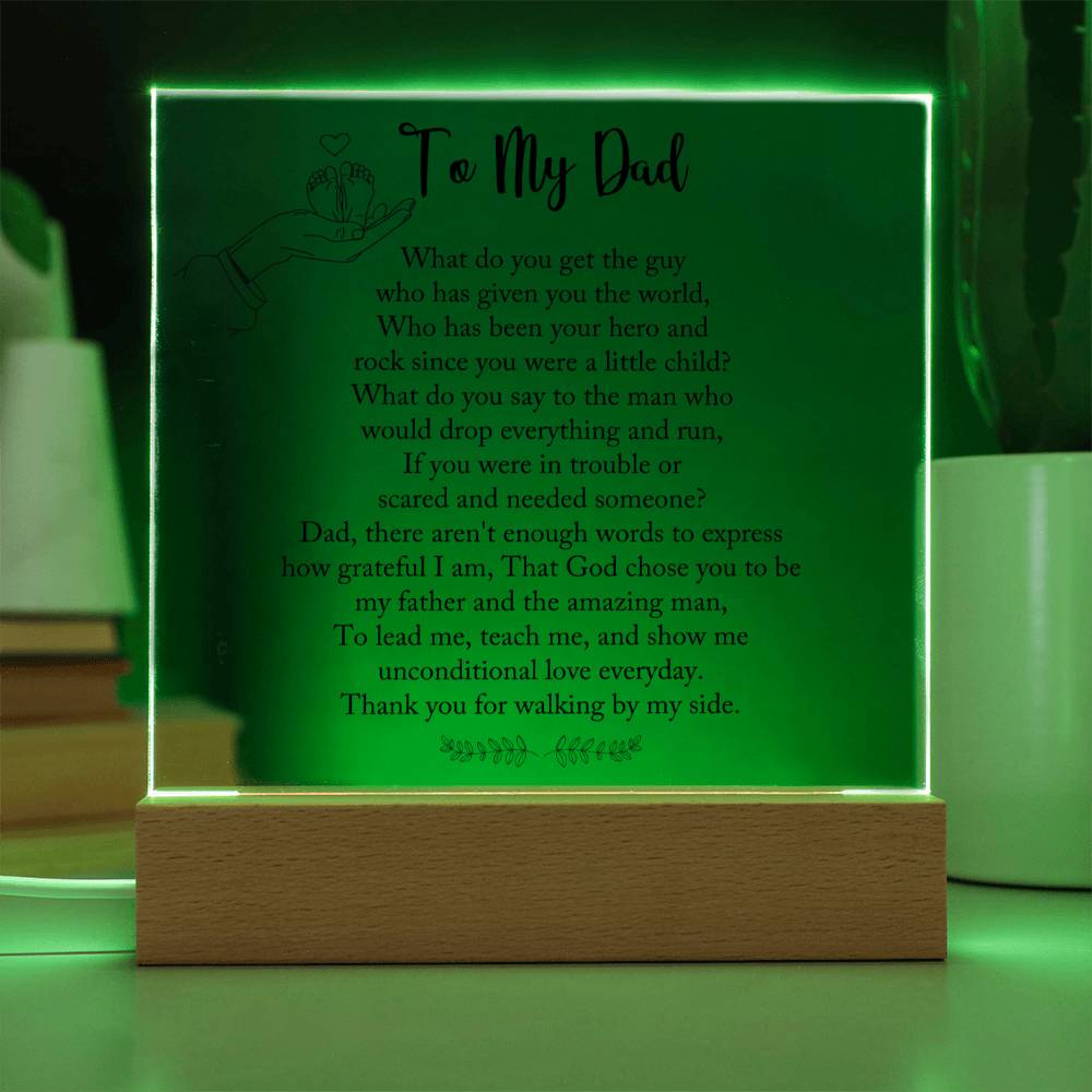 Dad gift from child with square acrylic plaque with wooden base with LED on 