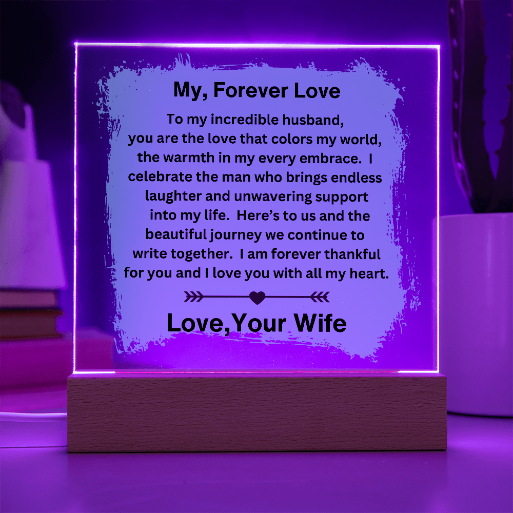 Husband gift with acrylic plaque with LED base on in purple and loving sentiment