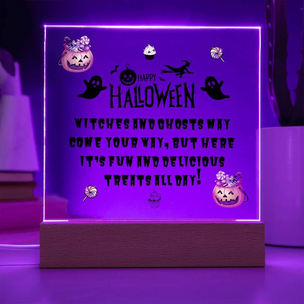 Halloween table decor with cute message on a acrylic plaque with LED base in purple battery powered