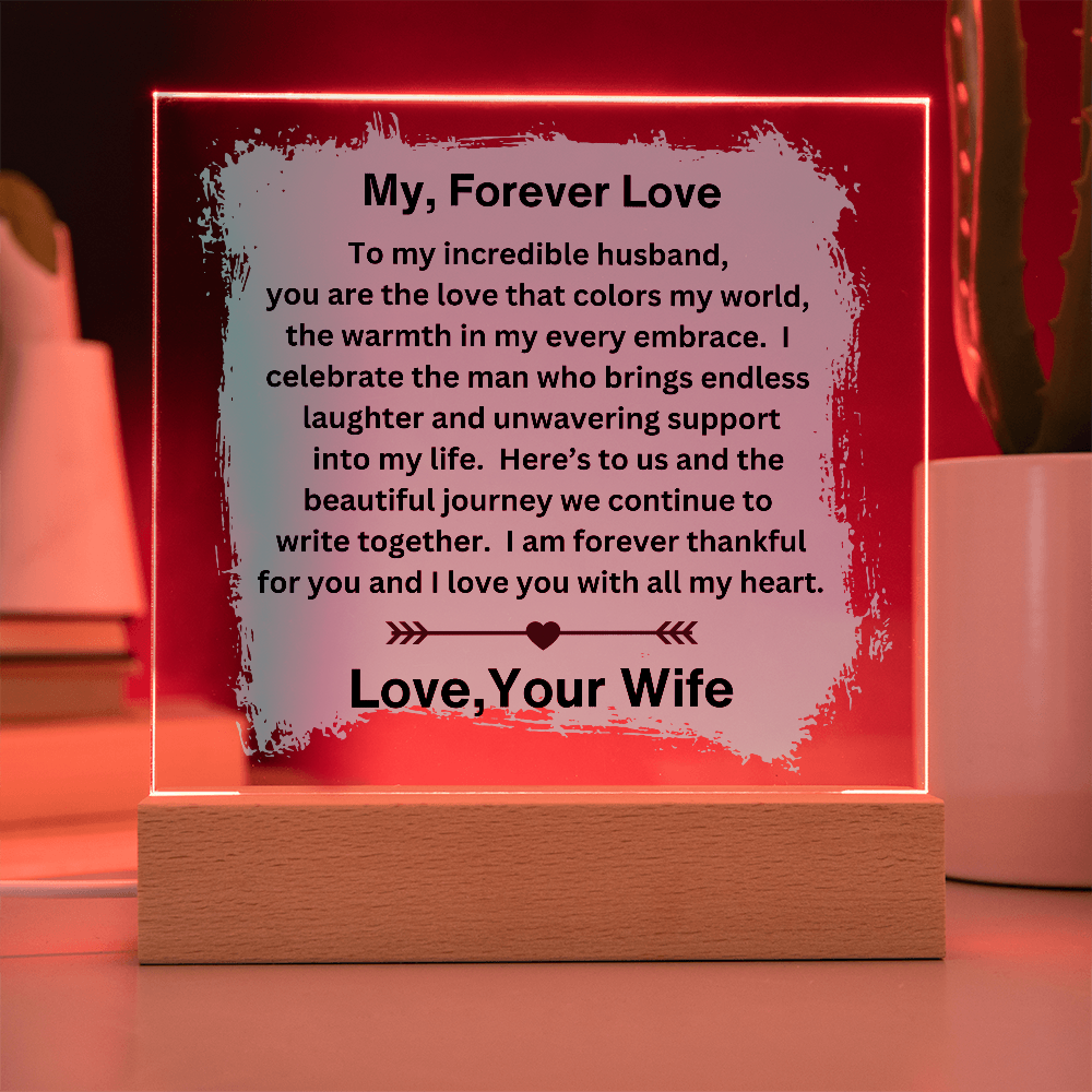 Husband gift with acrylic plaque with LED base on in red and loving sentiment