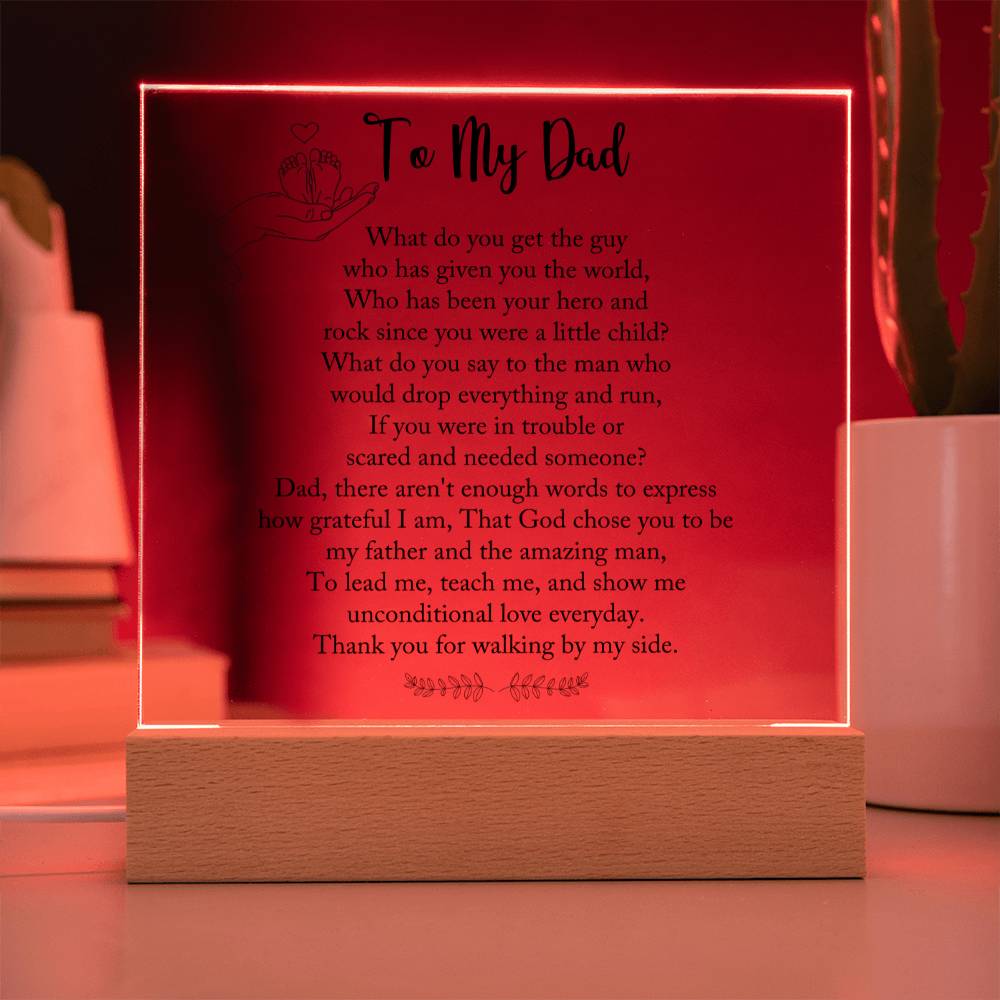 Dad gift from child with square acrylic plaque with wooden base with LED on