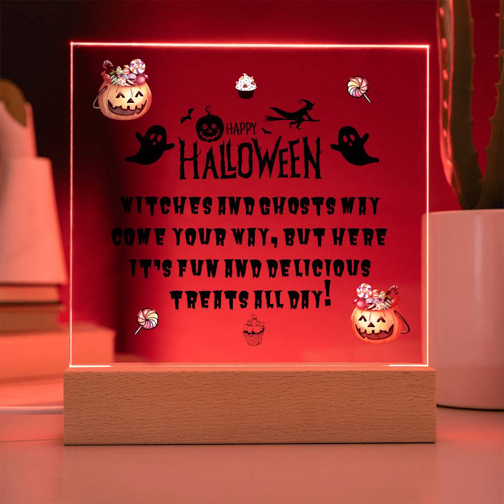 Halloween table decor with cute message on a acrylic plaque with LED base in red