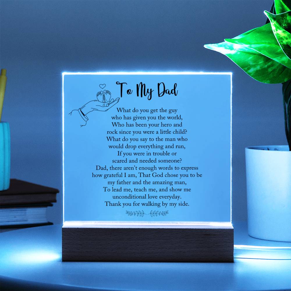 Dad gift from child with square acrylic plaque with wooden base with LED on