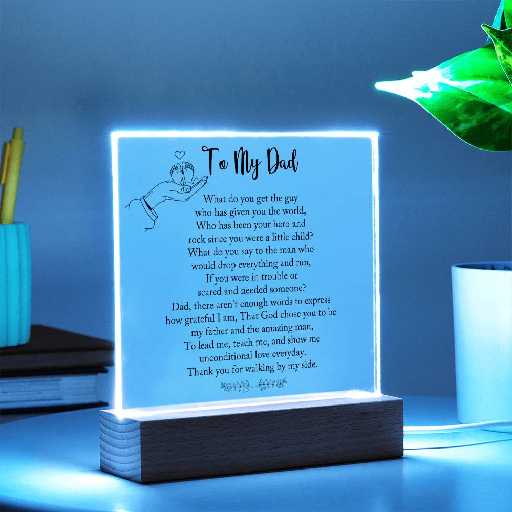 Dad gift from child with square acrylic plaque with wooden base with LED on