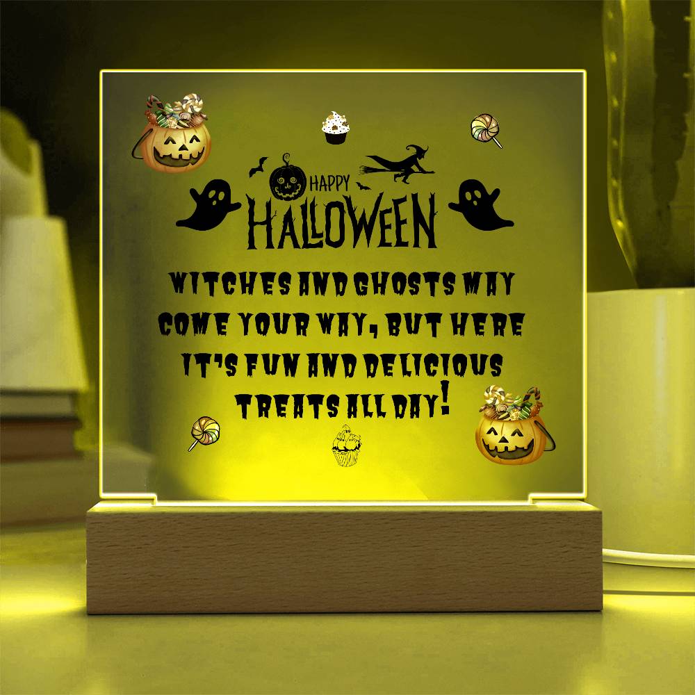 Halloween table decor with cute message on a acrylic plaque with LED base in yellow