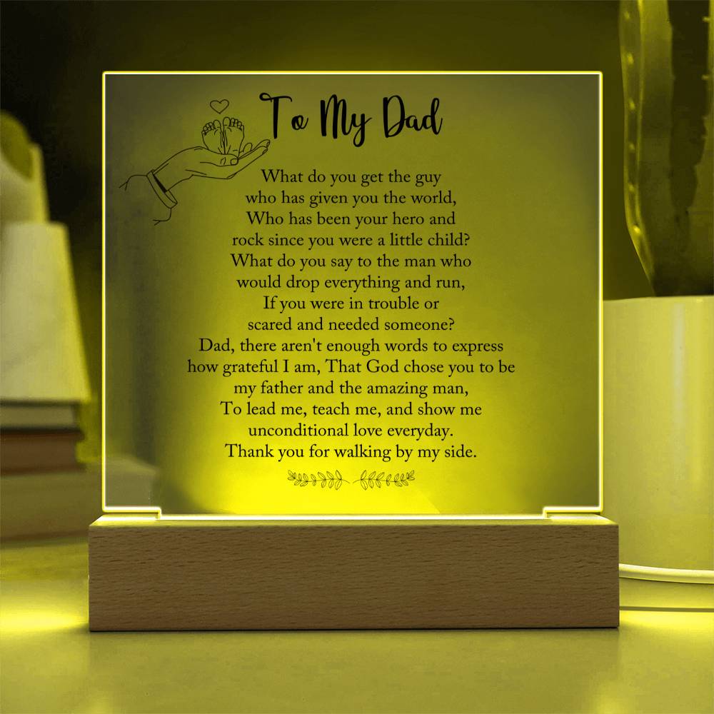 Dad gift from child with square acrylic plaque with wooden base with LED on