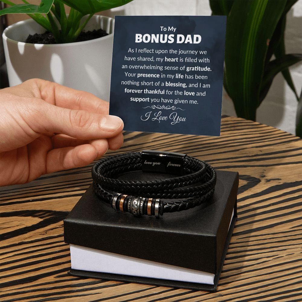 Bonus Dad Gift, Stainless Steel Vegan Leather Men's Bracelet On Two Tone Box With Message Held