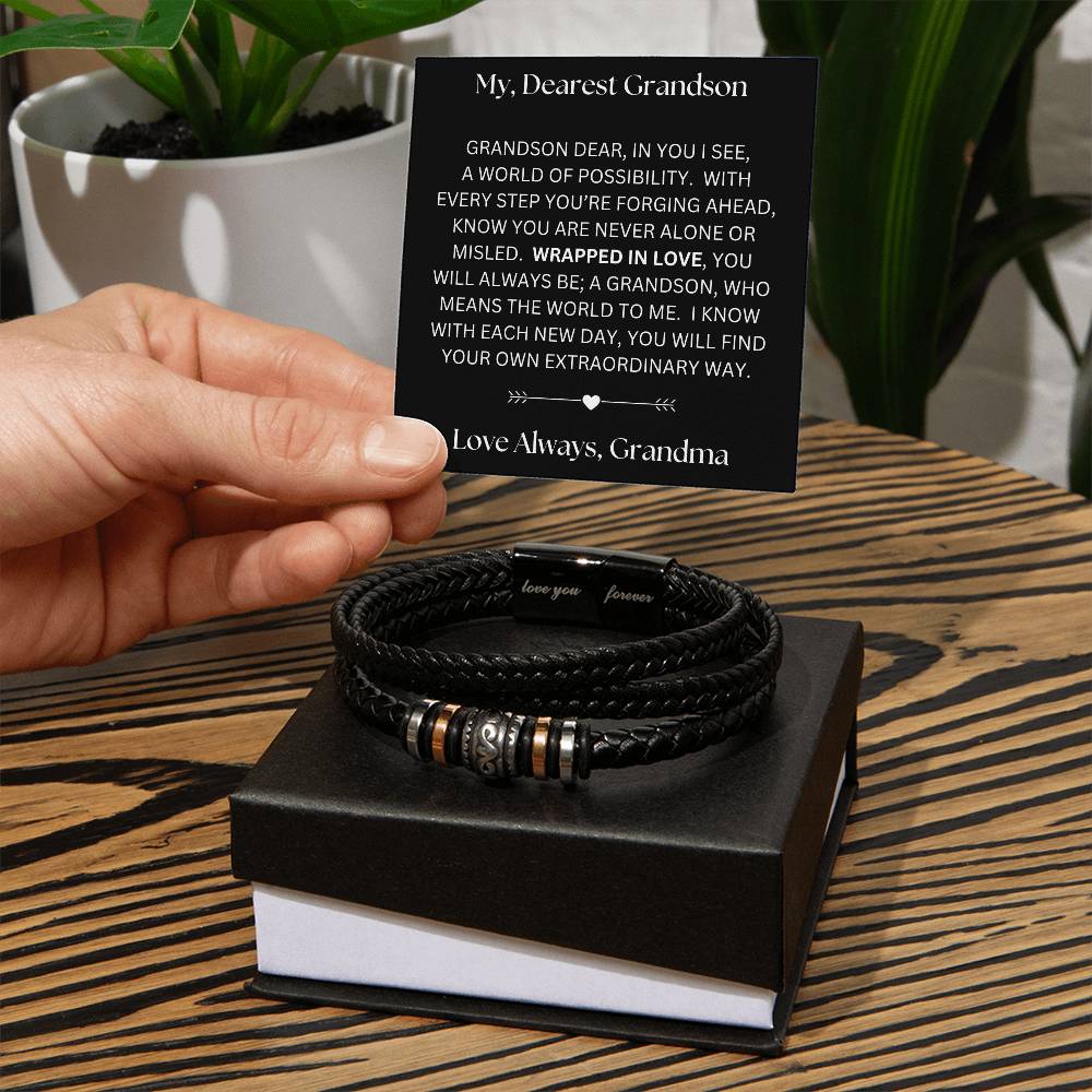 Grandson gift from grandma with Love you forever bracelet and special message in two tone box