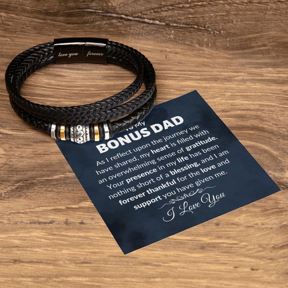 Bonus Dad Message And Stainless Steel Vegan Leather Bracelet Placed On Table