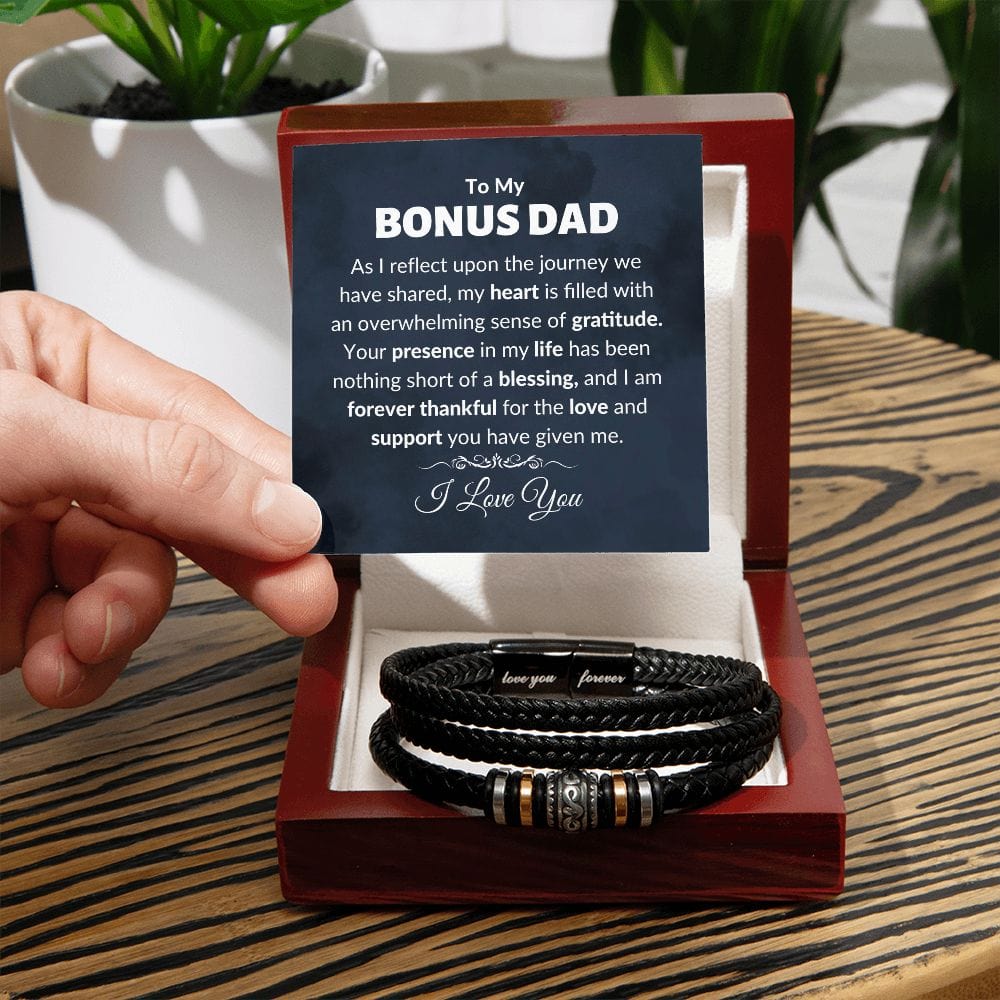 Bonus Dad Gift, Stainless Steel Vegan Leather Men's Bracelet In Mahogany Luxury Box With Message