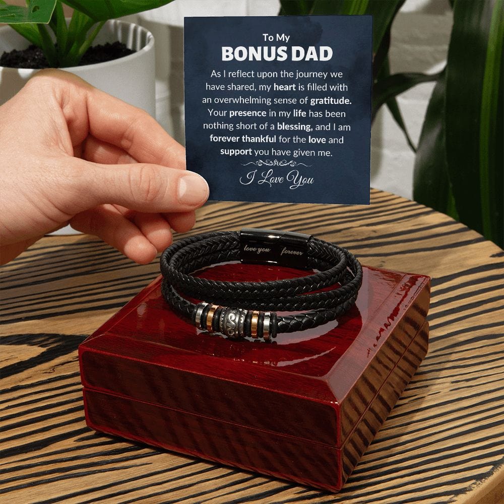 Bonus Dad Gift With Message Card And Stainless Steel And Vegan Leather Bracelet On Top Of Luxury Box