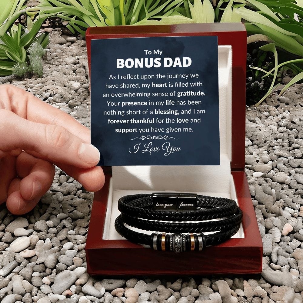 Bonus Dad Gift, Stainless Steel Vegan Leather Men's Bracelet In Mahogany Luxury Box With Message With Plants And Stones 