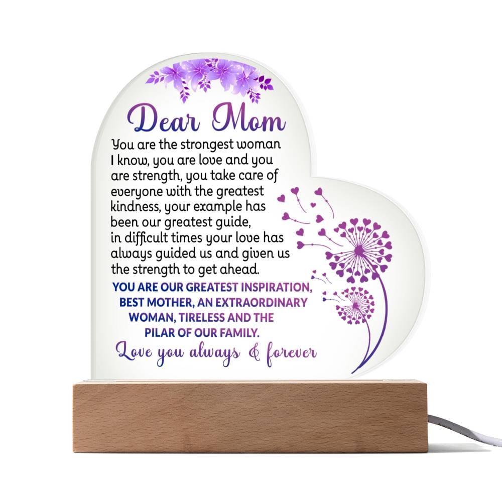 Acrylic heart plaque for gift to mom with special message and wooden base with LED