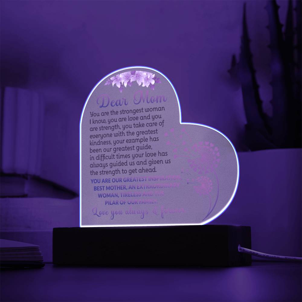 Acrylic heart plaque for gift to mom with special message and wooden base with LED