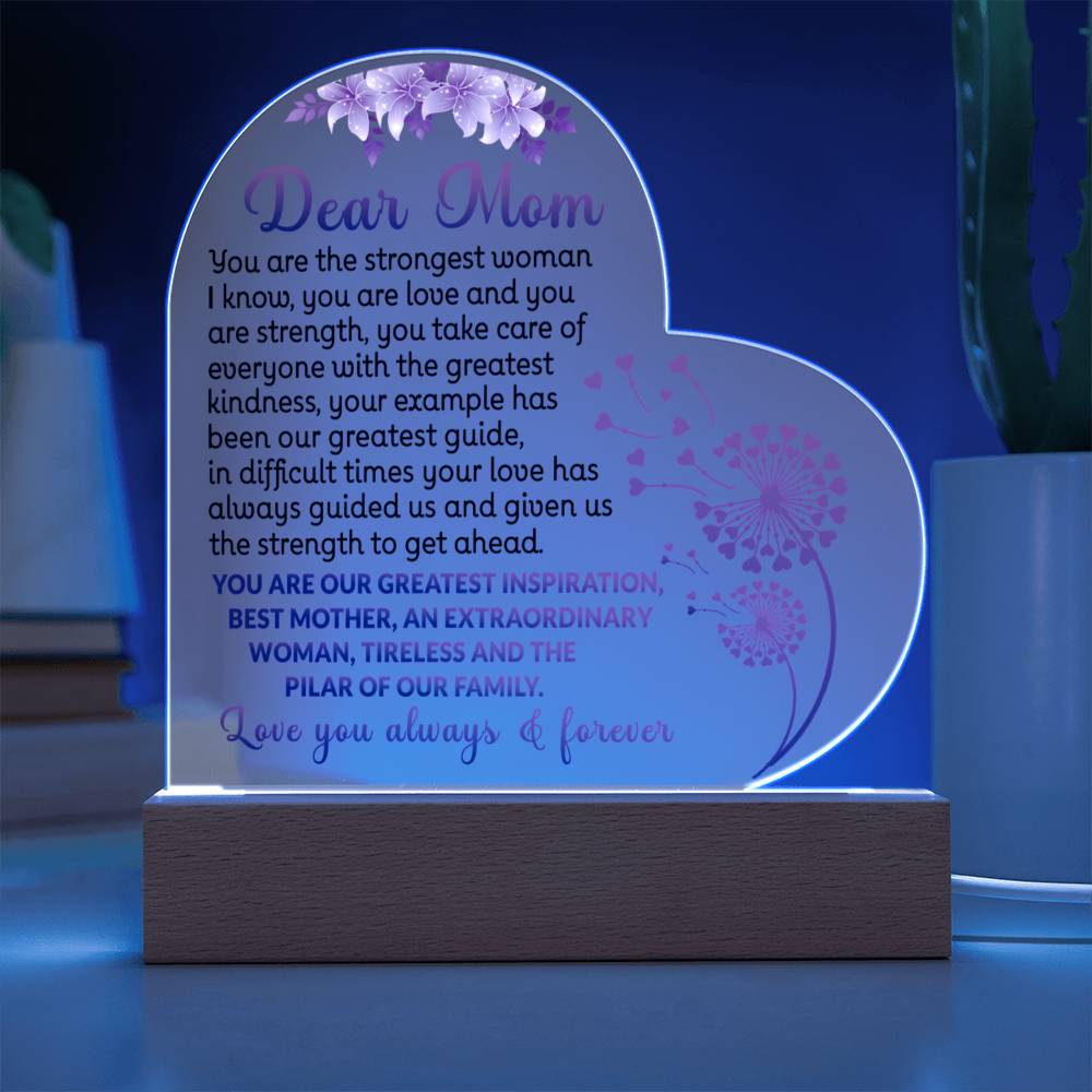 Acrylic heart plaque for gift to mom with special message and wooden base with LED in blue light