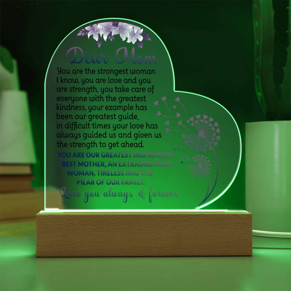 Acrylic heart plaque for gift to mom with special message and wooden base with LED