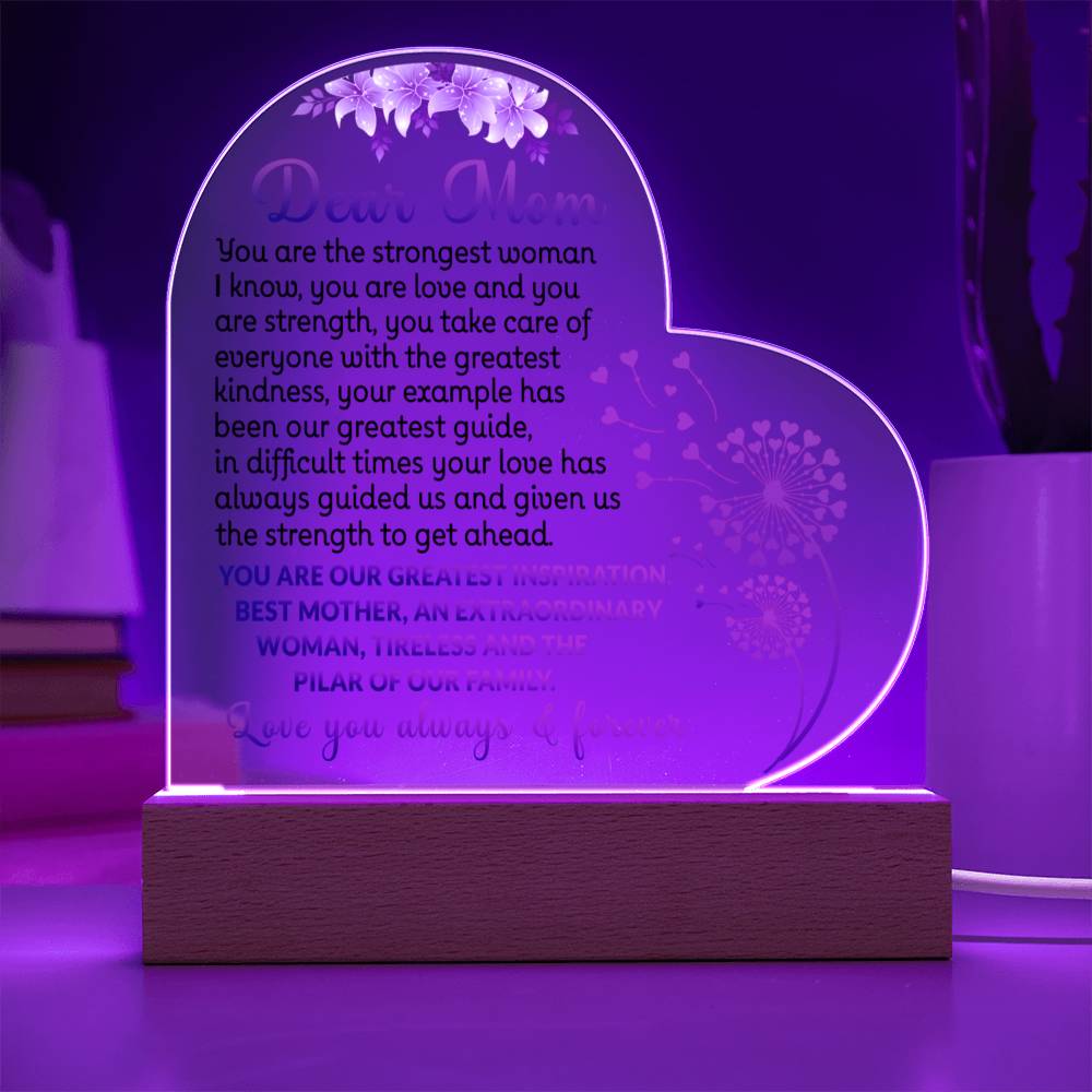 Acrylic heart plaque for mom from daughter with special message with wooden LED base in purple lightAcrylic heart plaque for gift to mom with special message and wooden base with LED in purple light