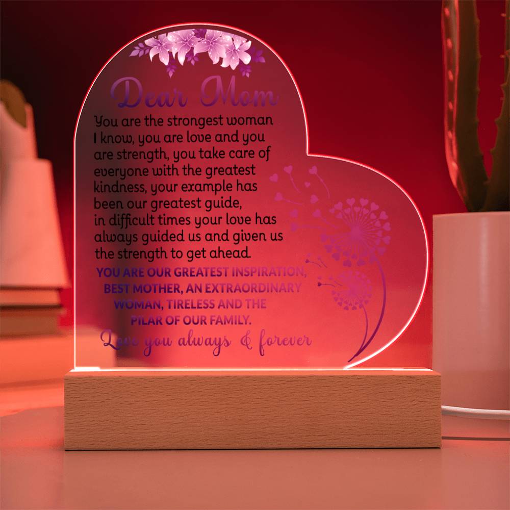 Acrylic heart plaque for gift to mom with special message and wooden base with LED in red light