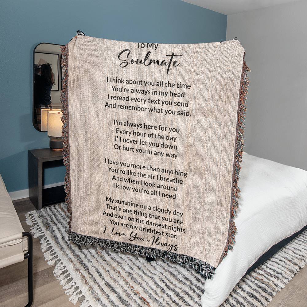 Another view of Soulmate gift with heirloom woven blanket with special message