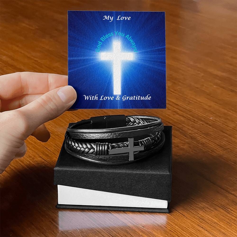 Men's Leather Cross Bracelet Sitting On Two Tone Box With Message Card