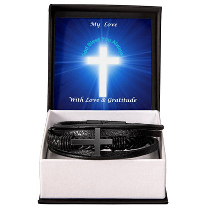 Men's Cross Leather Bracelet With Message Card In Two Tone Box