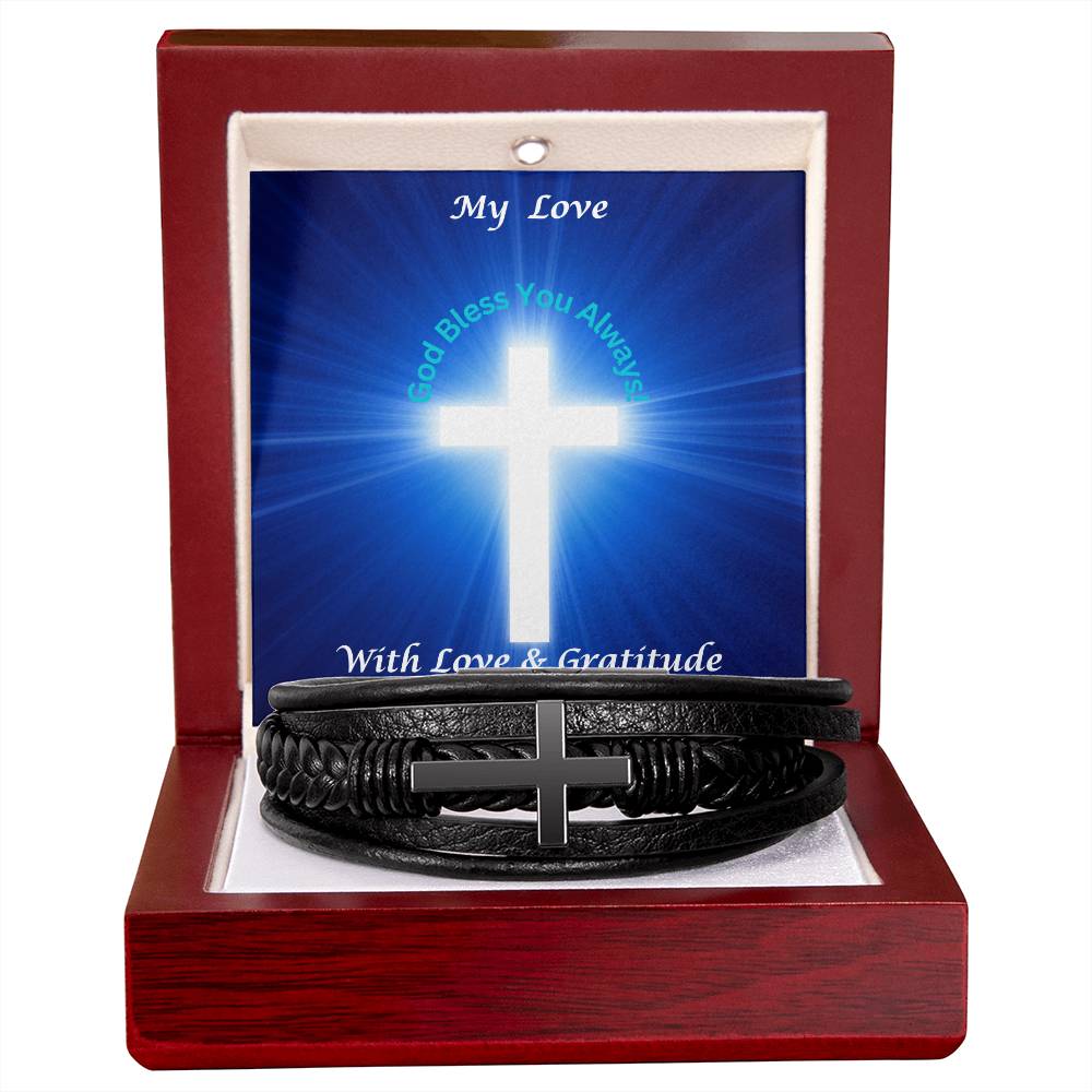 Men's Cross Leather Bracelet With Message Card  In Mahogany Box With LED 