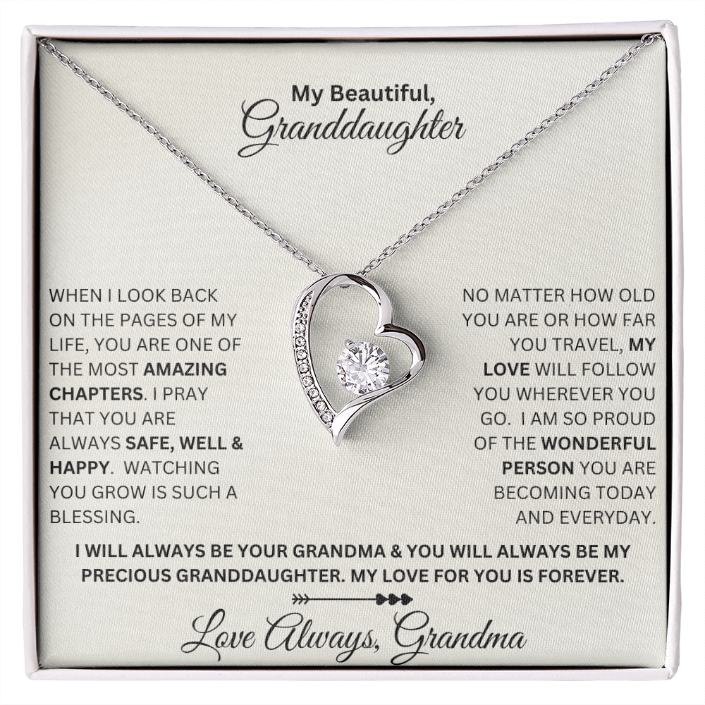 Granddaughter gift from grandma with forever love necklace and special sentiment in a standard box