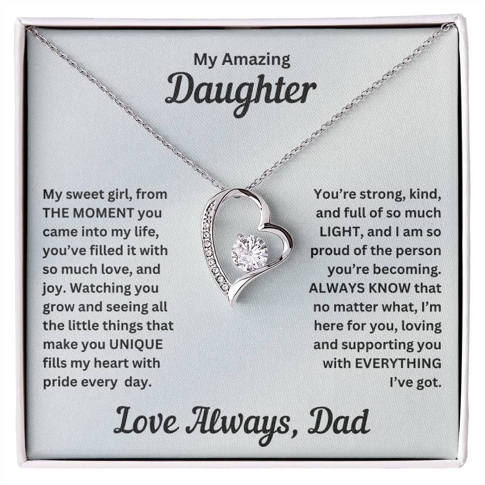 Dad to gift to daughter with Forever Love necklace and special sentiment in a standard box