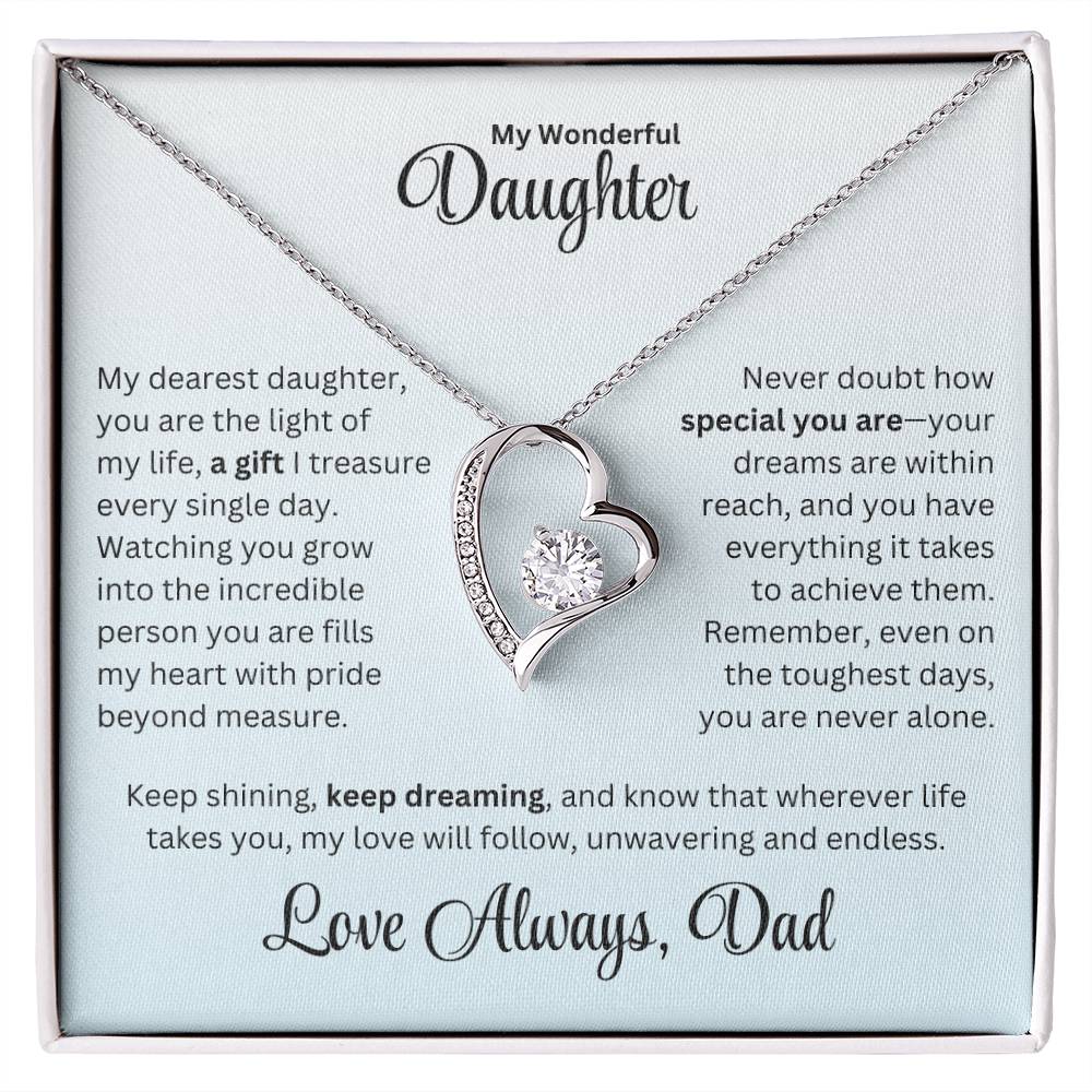 Daughter gift from dad with forever love necklace and special message in a standard box