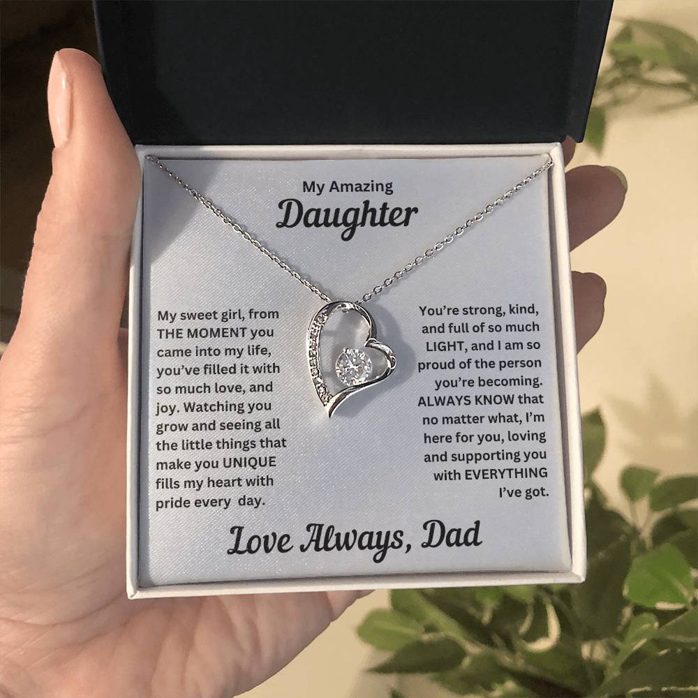 Hand Holding Dad to gift to daughter with Forever Love necklace and special sentiment in a standard box