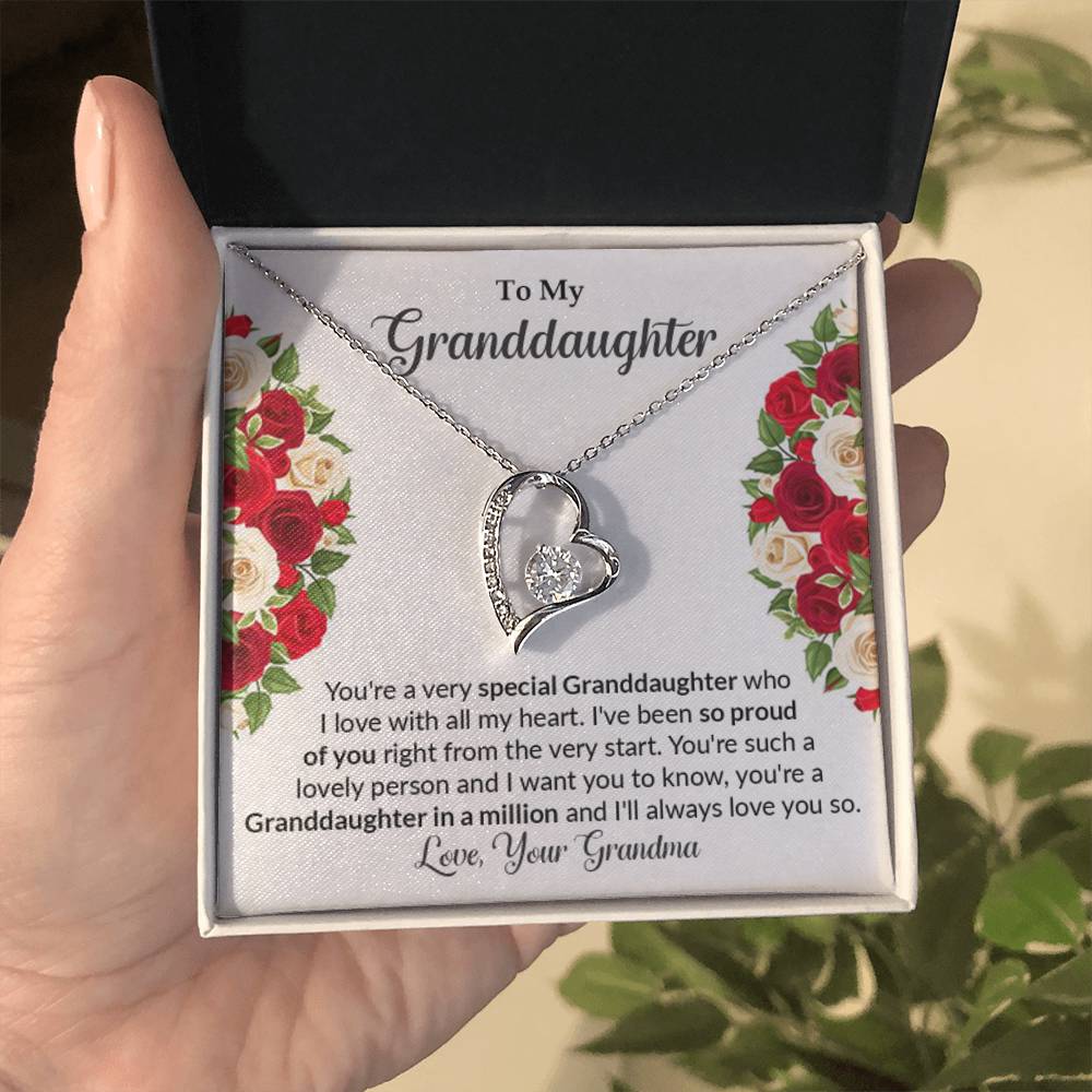 Hand Holding Granddaughter gift from grandma with Forever Love Necklace With Unique Message In