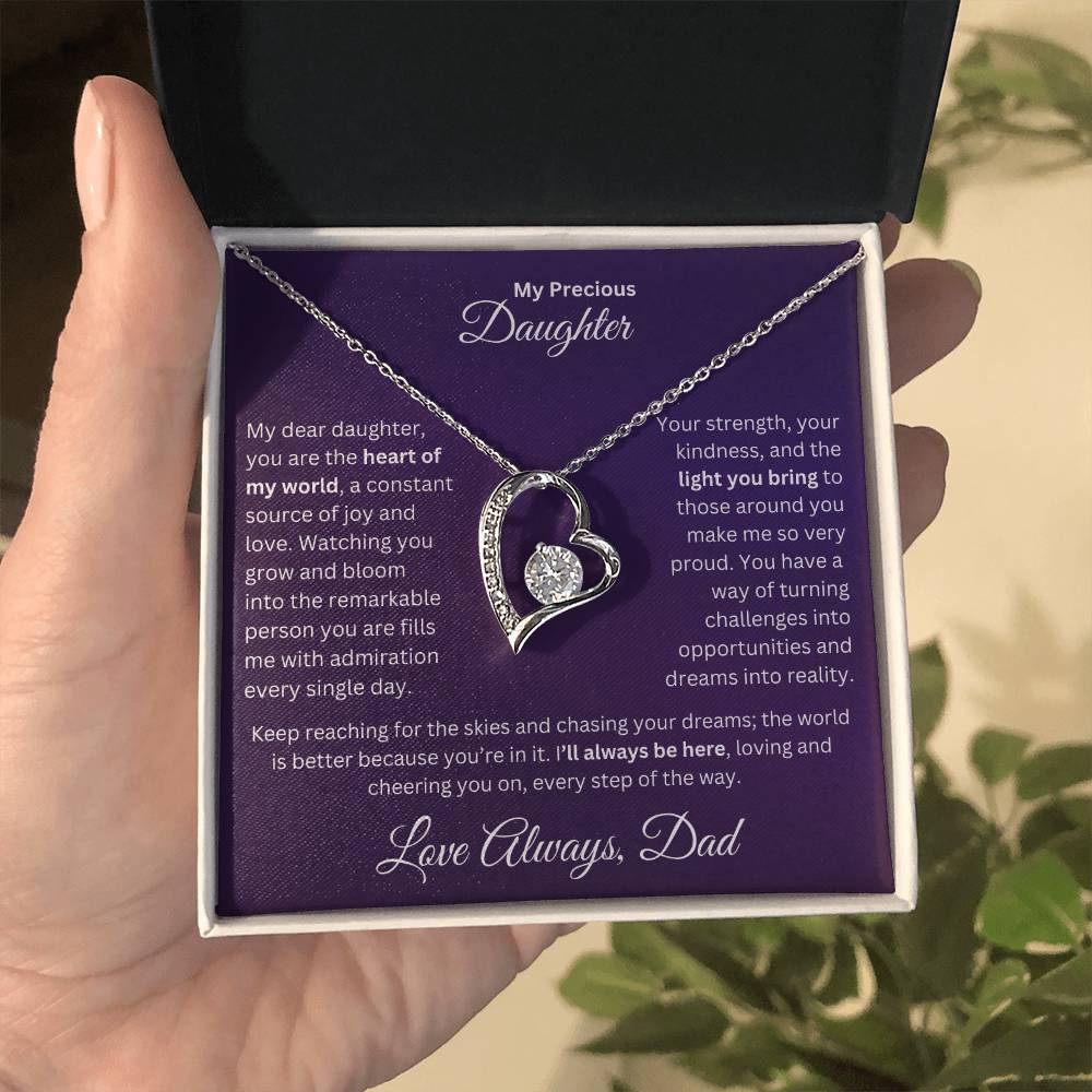 Hand holding Dad to Daughter gift with forever love necklace and special message in a standard box