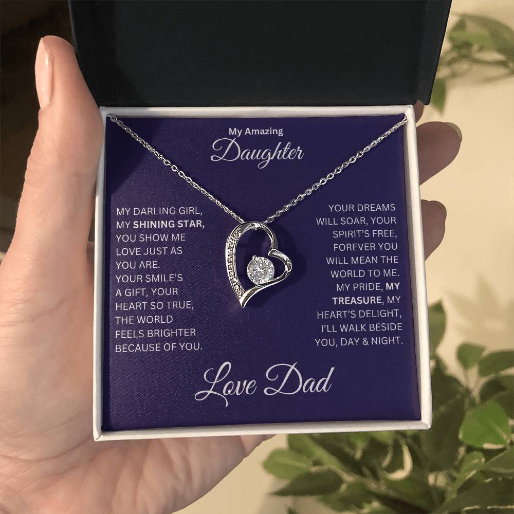 Hand holding Daughter gift from dad with a Forever Love necklace and special message in a standard box