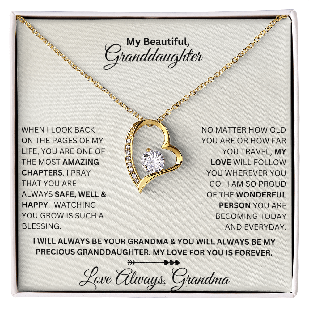 Granddaughter gift from grandma with forever love necklace and special sentiment in a standard box