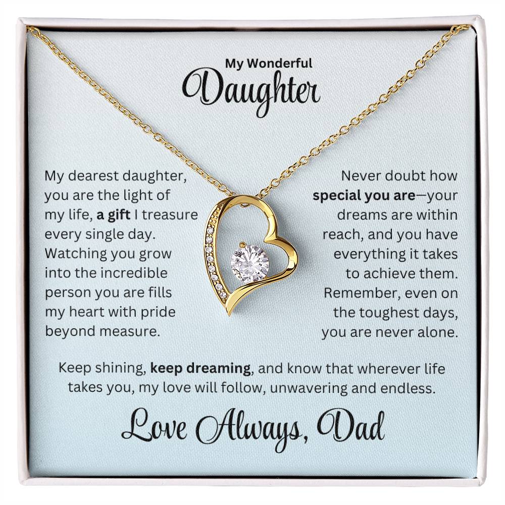 Daughter gift from dad with forever love necklace and special message in a standard box