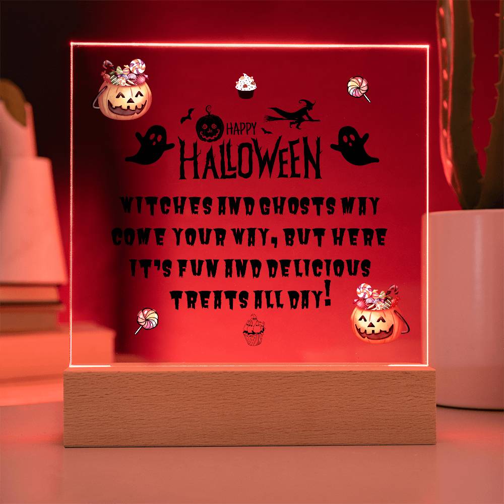 Halloween table decor with cute message on a acrylic plaque with LED base in red