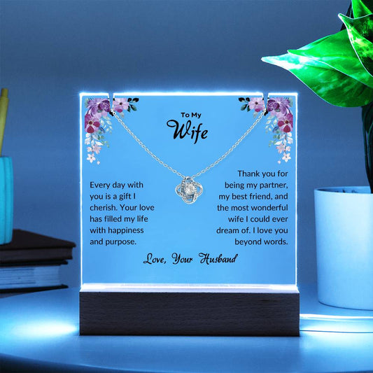 Wife gift with love knot necklace and acrylic plaque  W/ LED base with special message in light blue LED light