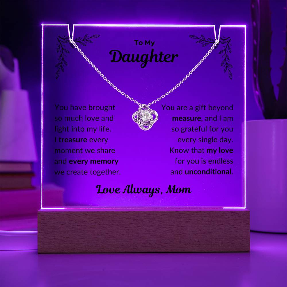 Square acrylic plaque with special message and love knot necklace with LED base in purple and battery