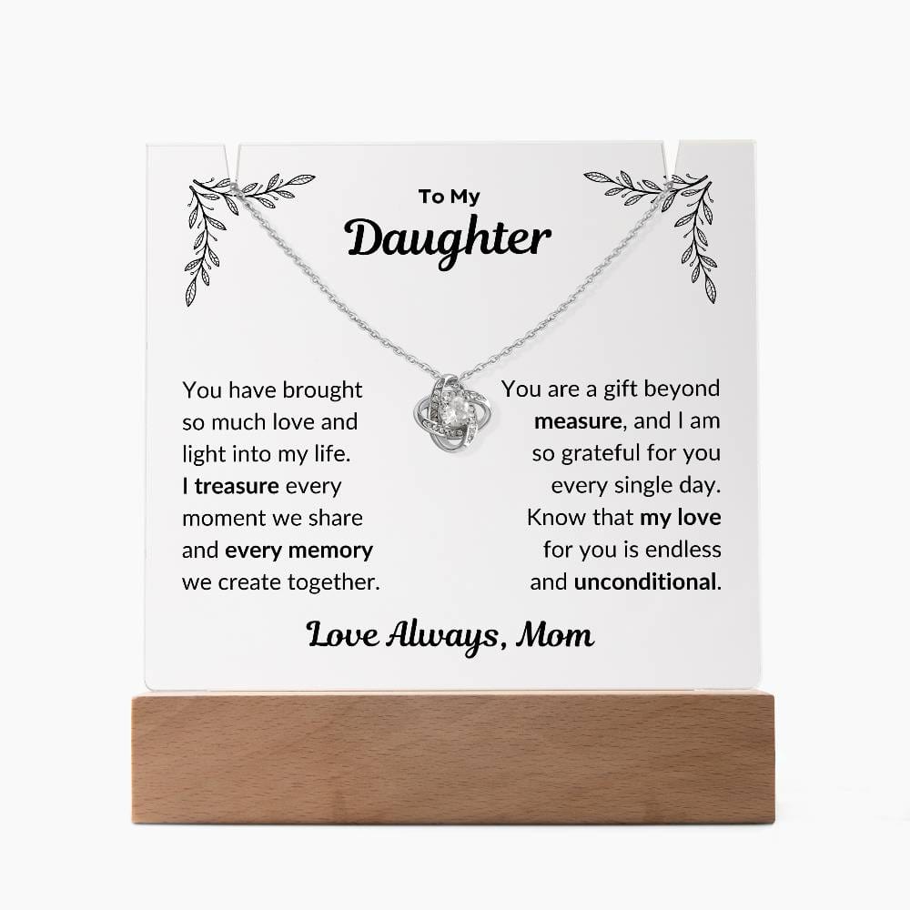 Square acrylic plaque with special message and love knot necklace with LED base and battery