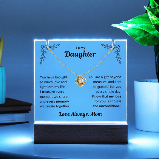 Square acrylic plaque with special message and love knot necklace with LED base on and battery