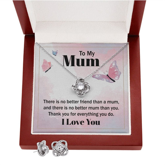 To My Mum Love Knot Necklace With Earrings Gift Set In Mahogany Box