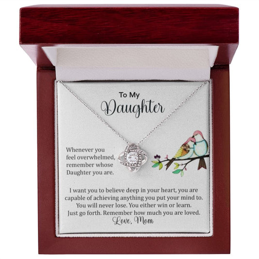 Daughter, Love Knot Necklace In 14K White Gold Finish WIth Message Card From Mom In Luxury Box With LED