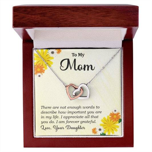 To Mom, With Message Card And Polished Stainless Steel And Rose Gold Interlocking Heart Necklace In Luxury Box With LED