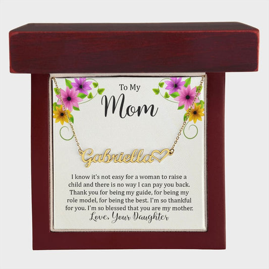 To My Mom Heart Name Necklace In 18K Gold Finish With Message Card In Luxury Box Over White Background